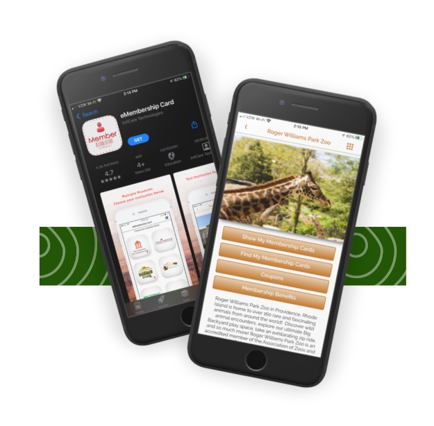two mobile phones graphic showing the emembership card app and what the mobile membership site looks like.