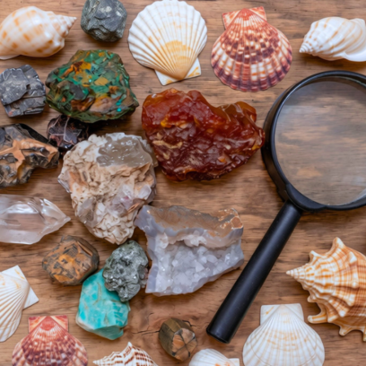 collection of sea shells and gemstone rocks