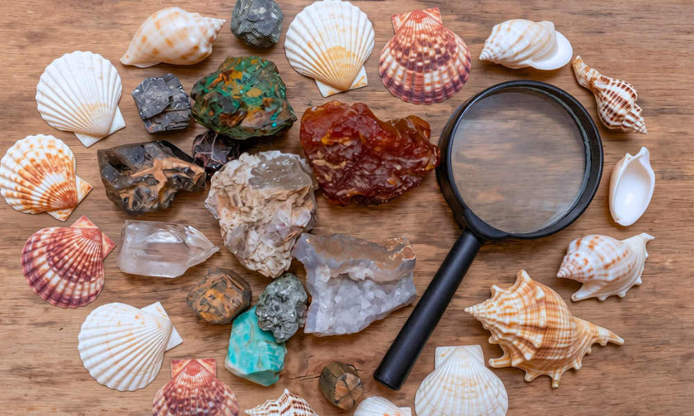 collection of sea shells and gemstone rocks