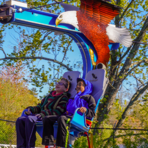 Two young children riding the Soaring Eagle zip ride and smiling.