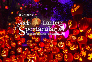 2022 Jack-O-Lantern Spectacular Banner with logo and large display of intricately carved pumpkins lit up.