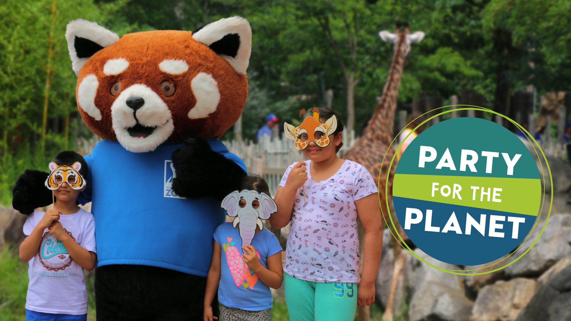 Three children posing with Roger Williams Park Zoo mascot in front of giraffe habitat. Image includes Party for the Planet logo.