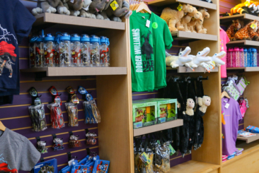 Wall of Zoo's gift shop filled with merchandise.