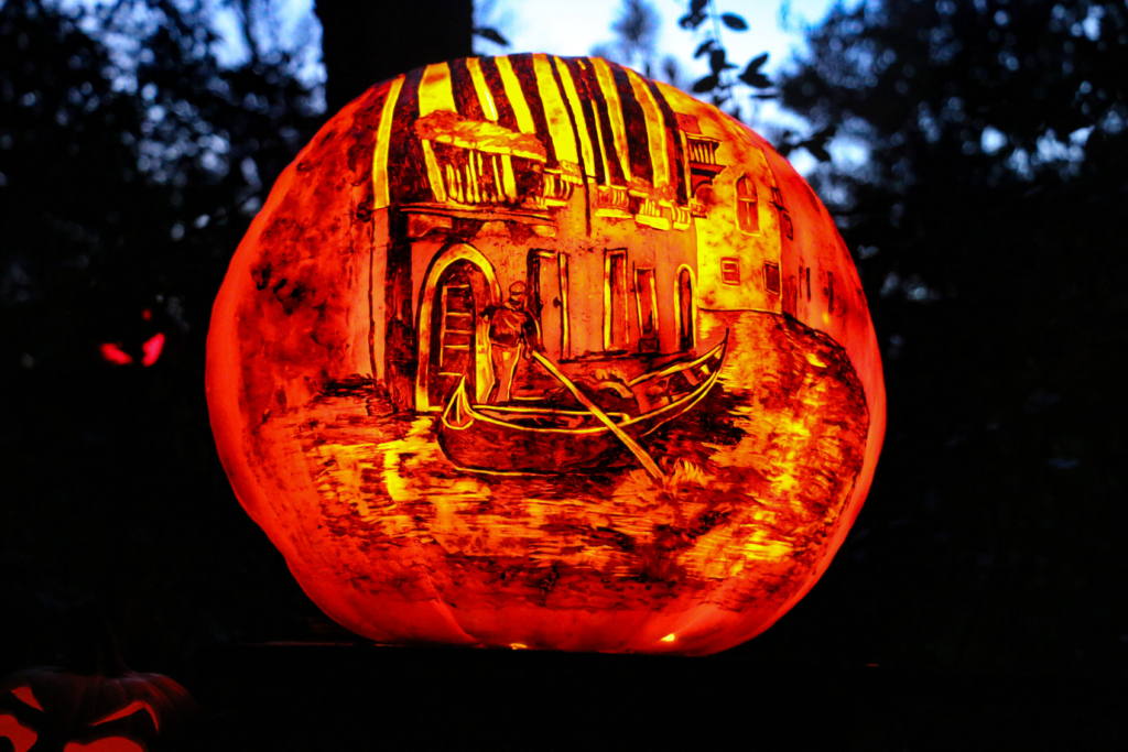 pumpkin with carving of gondola ride