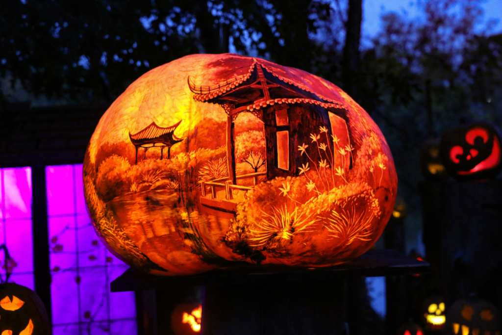 pumpkin with carving of Japanese garden