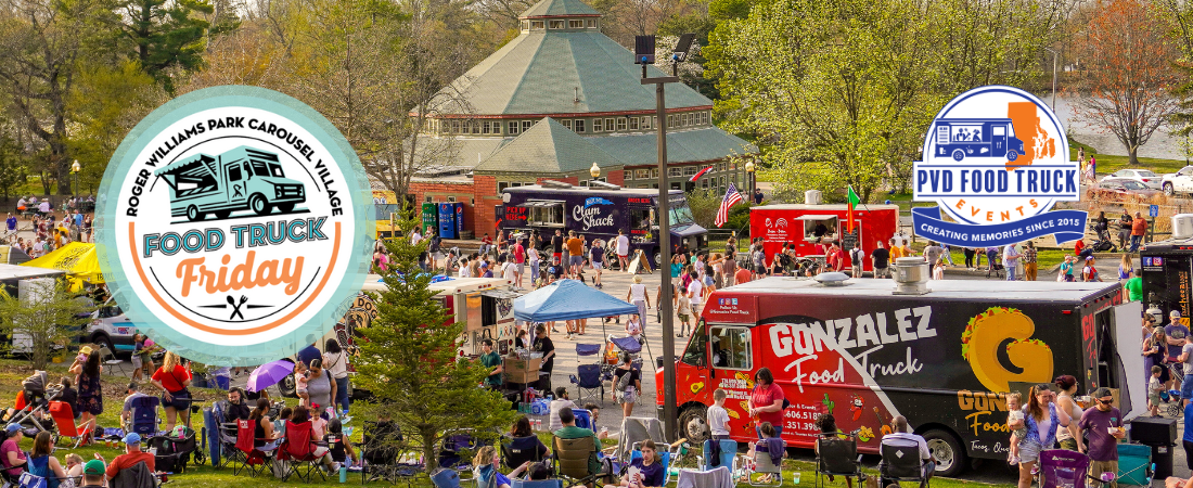 Food trucks with people outside with Food Truck Friday logo overlayed