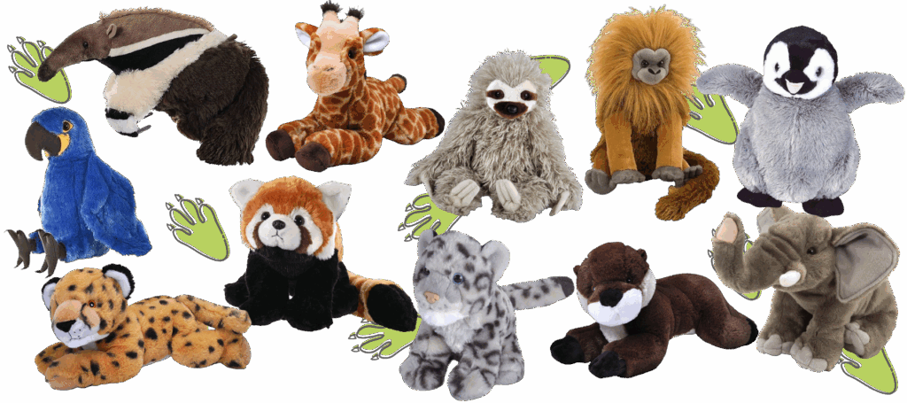 Eleven stuffed animal plushies including, giant anteater, macaw, giraffe, sloth, tamarin, penguin, cheetah, red panda, snow leopard, otter and elephant