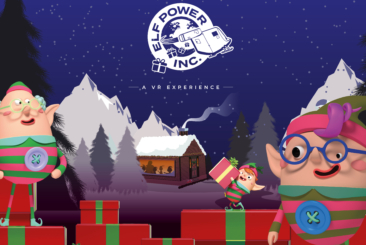 Elf Power logo, with animated elves and presents