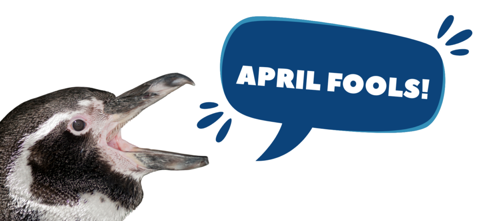 Penguin with speech bubble saying "April Fools!"