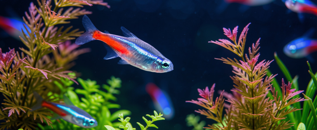 neon tetra fish with aquatic plant life