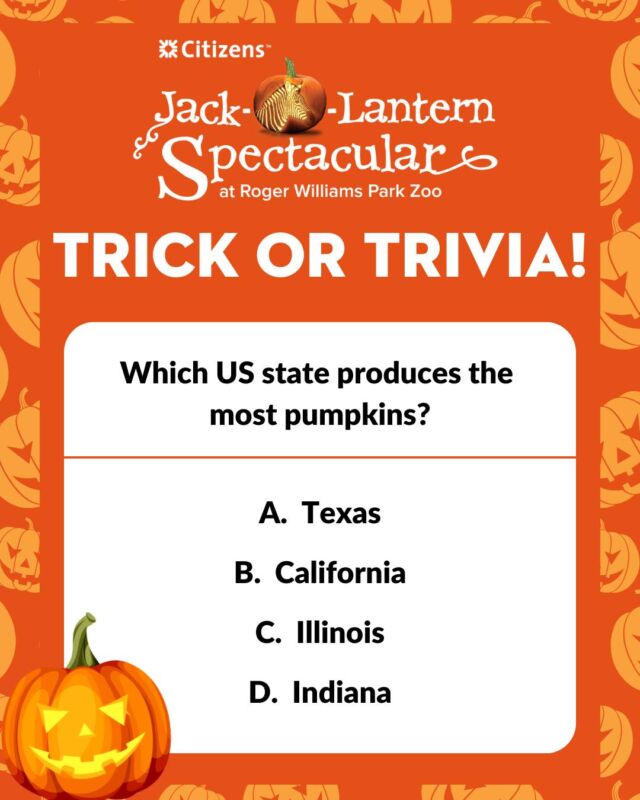 Trick or Trivia GIVEAWAY! 🎃 Think you know the answer? Like this post & comment the correct answer below for the chance to WIN a 4-pack of Jack-O-Lantern Spectacular tickets!

Check our page each #triviatuesday for your chance to win, thanks to @citizensbank.

⚠ No purchase necessary. This promotion is in no way sponsored, endorsed or administered by, or associated with Instagram. One lucky person with the correct answer will be chosen at random each week on Wednesday afternoon. We will never ask for any personal/financial information or to click external links. Please beware of potential scam.

Feel free to share this post so your friends and family can play! #trickortrivia #jackolanternspectacular #halloweentrivia #pumpkins #fallfun #rwpzoo