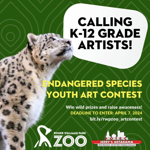Calling all young artists! ️ The Zoo's Endangered Species Youth Art Contest is back. 

Unleash your creativity and show us why protecting these amazing animals matters. ️Open to ALL K-12 students, this contest is your chance raise awareness & win awesome prizes like Zoo memberships & gift cards to @jerrysprovidence. 

Here's the scoop:
➡️ Creating original artwork featuring an endangered animal
➡️ Submit your masterpiece online by April 7 ⏰
➡️ Check out all the details & entry form: bit.ly/rwpzoo_artcontest

Let's use the power of art to make a difference! 
.
.
.
#EndangeredSpeciesArtContest #ArtForConservation #GetCreative #Animalart #MakeADifference #artcontest #rhodeisland #kidsart #providence #letthekids #newengland #ighody #rwpzoo