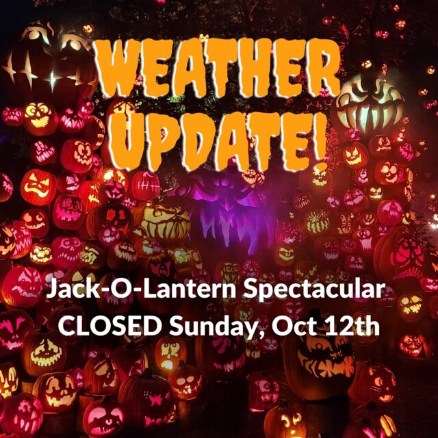 Due to forecasted strong winds and rain, Jack-O-Lantern Spectacular has been canceled for TOMORROW, Sunday, October 12th.

🎟️ Ticket Info:
If you’ve pre-purchased tickets for Sunday (10/12), you may reschedule for any remaining night of the event through November 1 OR if you would like to request a reimbursement, contact our Guest Services team at info@rwpzoo.org or by phone at (401) 785-3510 ext. 316. 

When contacting us, please be sure to include your order number for a faster process. Thank you for your understanding! 🎃